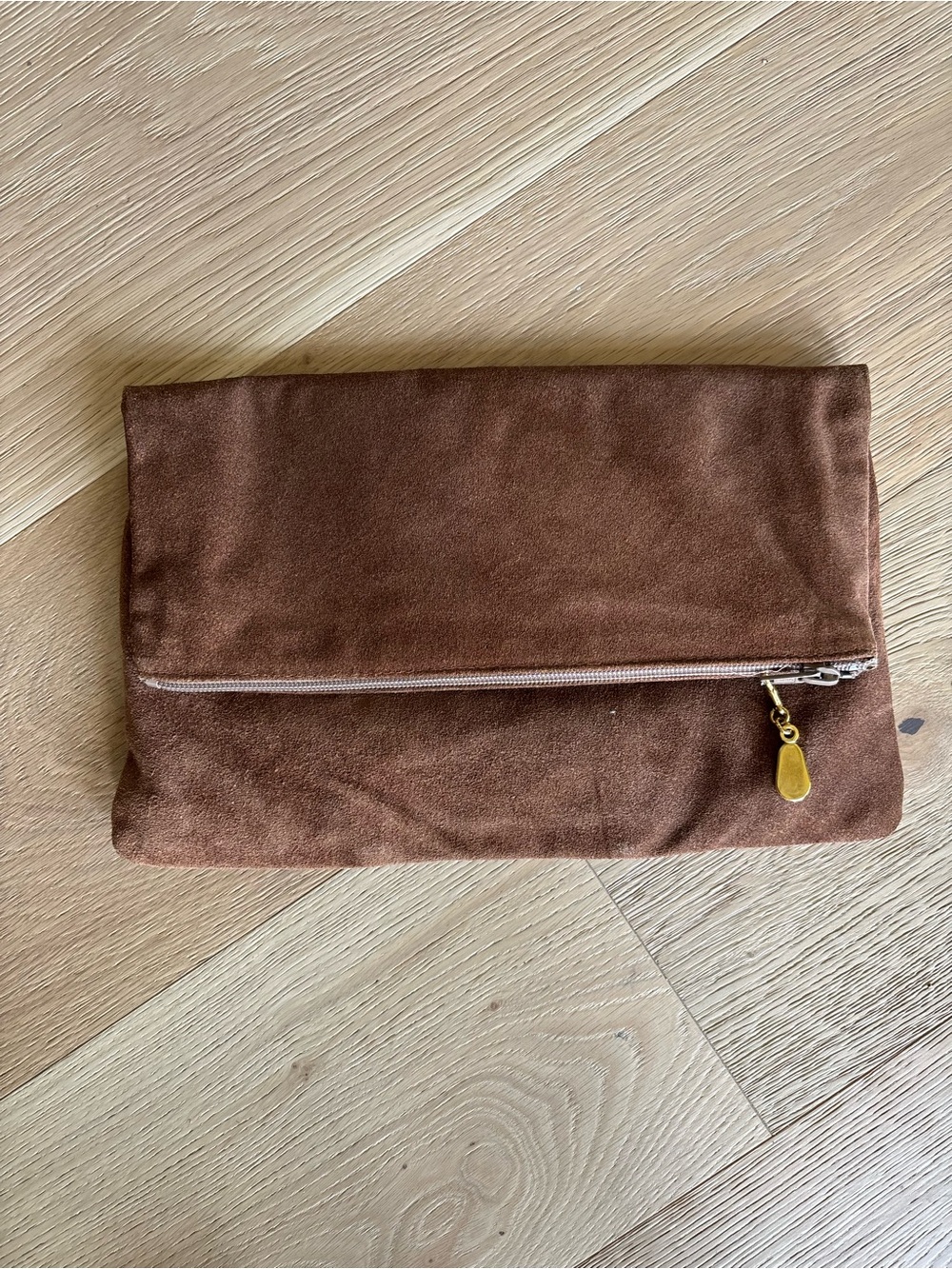 Suede Clutch Handbag, Genuine Leather, Fold Over, Italy, Brown, Gold-Tone, Fall